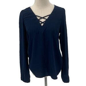 Everly Blue Criss Cross Long Sleeve V-Neck Blouse Size Small Women's